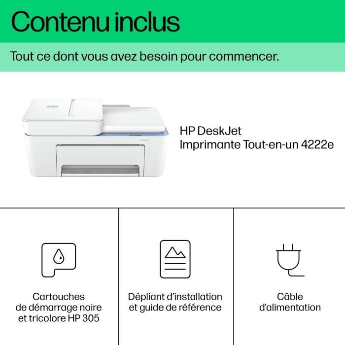 Imprimante tout-en-un HP Deskjet 4222e jet d'encre couleur Copie Scan - 3 mois d'Instant ink inclus avec HP+ - Excellent état