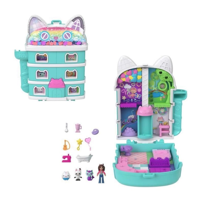 Polly Pocket Coffret Gabby et la Maison Magique Mini Figurines et Coffret de Jeu 9 Accessoires à thème Chats Pandy Pattes Ptichou et JFV02