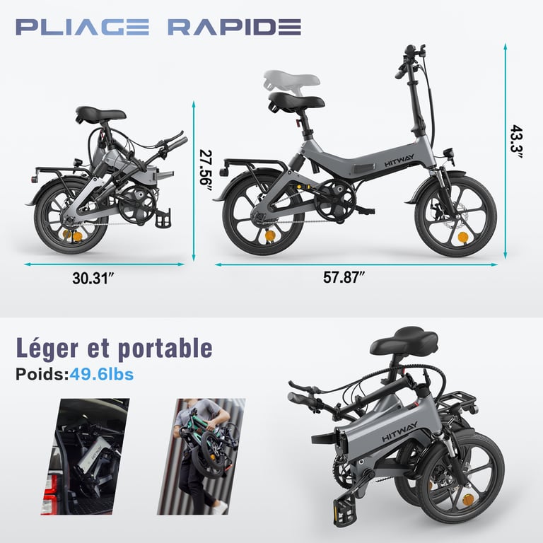 HITWAY 16 vélo électrique - 250W/36V - E-Bike Pliable d'assistance à la pédale - Batterie 7,8Ah - Pour Adolescent et Adultes,Gris