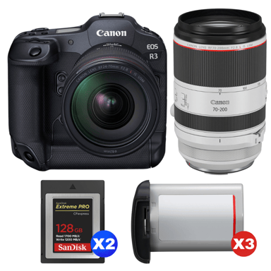 Appareil photo hybride Canon EOS R3 + RF 24-70mm f/2.8 L IS USM + RF 70-200mm f/2.8 L IS USM + 2 SanDisk 128GB Extreme PRO CFexpress Type B + 3 Canon L + Ebook ''20 astuces pour des images qui claquent''