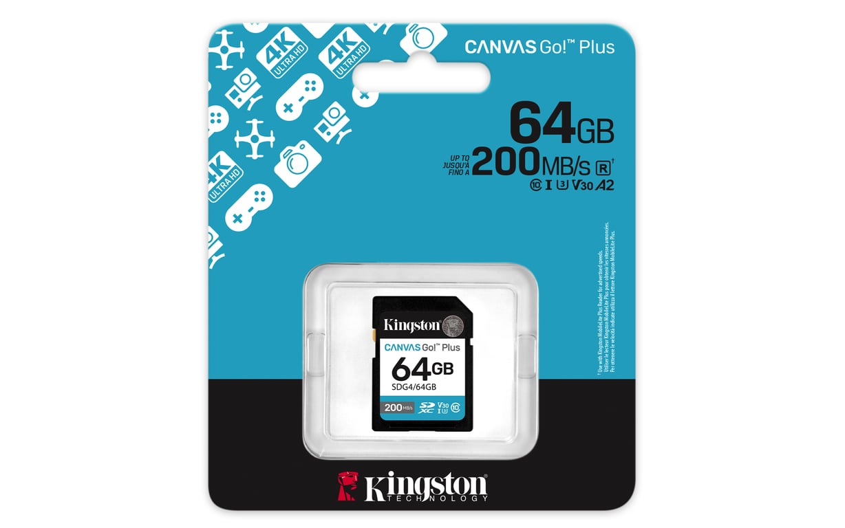 Kingston Technology Canvas Go! Plus 64 Go SDXC Canvas Go Plus Gen4 200 Mo/s C10 UHS-I U3 V30 - Neuf