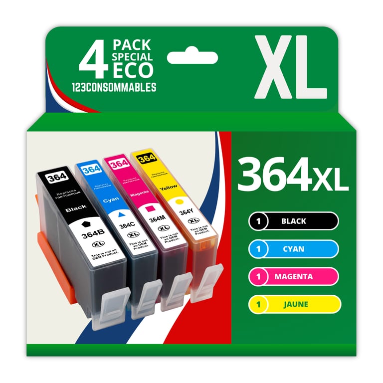 123CONSOMMABLES 364XL Pack 4 Cartouches d'encre Compatibles avec HP 364 364XL pour Officejet 4620 4610 4622 Deskjet 3520 3524 Photosmart 5520 5510 5511 5512 1 / 1 Cyan / 1 / 1 Jaune Neuf