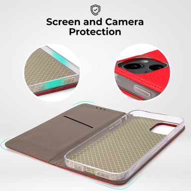 Moozy Étui à rabat pour iPhone 14, Rouge – Étui portefeuille à rabat magnétique intelligent avec porte-cartes et support, emplacements pour cartes de crédit, fonction béquille