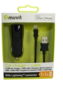 Spring Pack Chargeur Voiture 2Usb+Cable 2A Usb/Lightning 1M Noir