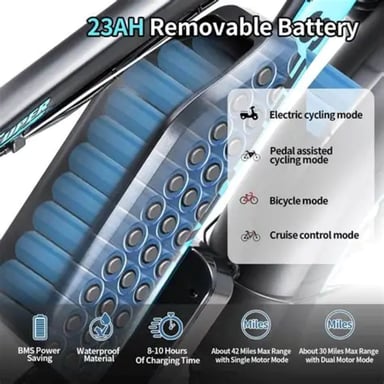 Vélo électrique KETELES K800, moteur 2000W, batterie 48V 23Ah, vitesse maximale 50 km/h, autonomie 100 km, pneus 26*4,0 pouces, noir et bleu.