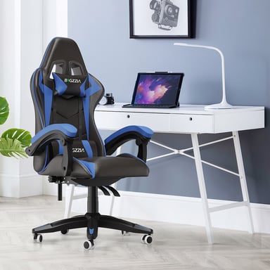 Silla gaming reclinable de cuero sintético con respaldo alto, reposacabezas y soporte lumbar - Azul