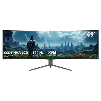 TITAN ARMY C49SHC Moniteur de jeu de 49 pouces, 3840*1080 panneau CSOT HVA, écran incurvé surdimensionné 32:9, taux de rafraîchissement élevé de 144Hz, Smart PIP/PBP écran partagé, Adaptive-Sync