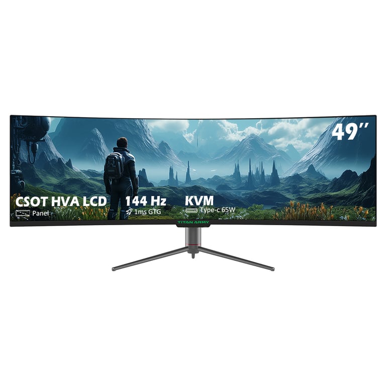 TITAN ARMY C49SHC Moniteur de jeu de 49 pouces 3840*1080 panneau CSOT HVA écran incurvé surdimensionné 32:9 taux de rafraîchissement élevé de 144Hz Smart PIPPBP écran partagé Adaptive Sync Neuf
