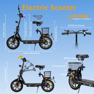 TWOFISH M5 Elite-E Monopattino Elettrico Certificato EEC con Sedile e Cestino Posteriore, Motore 500W, Batteria 48V 13Ah, Pneumatici da 14 Pollici, Velocità Massima 40km/h, Autonomia 30km, Doppi Freni a Disco, Ammortizzatori Anteriori e Posteriori - Nero