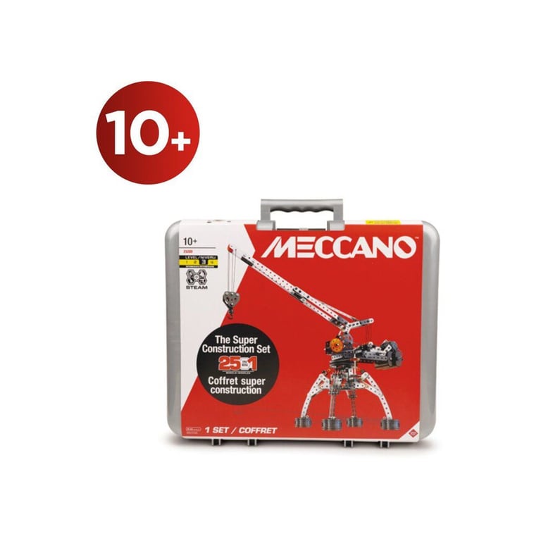 Set de construction métal MECCANO Super Construction 25 en 1 638 pièces avec moteur, boîtier de rangement et notice FR multiconstructions Rouge/Argent/Noir/Orange - Neuf