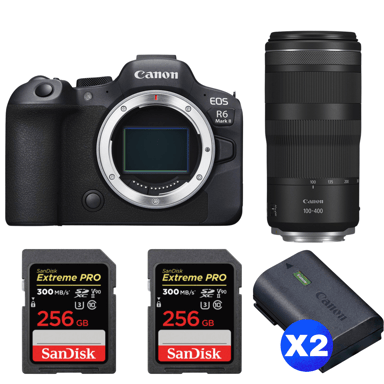 Appareil photo hybride Canon EOS R6 Mark II + RF 100-400mm f/5.6-8 IS USM + 2 SanDisk 256GB Extreme PRO UHS-II + 2 Canon LP-E6NH + Ebook ''20 astuces pour des images qui claquent''