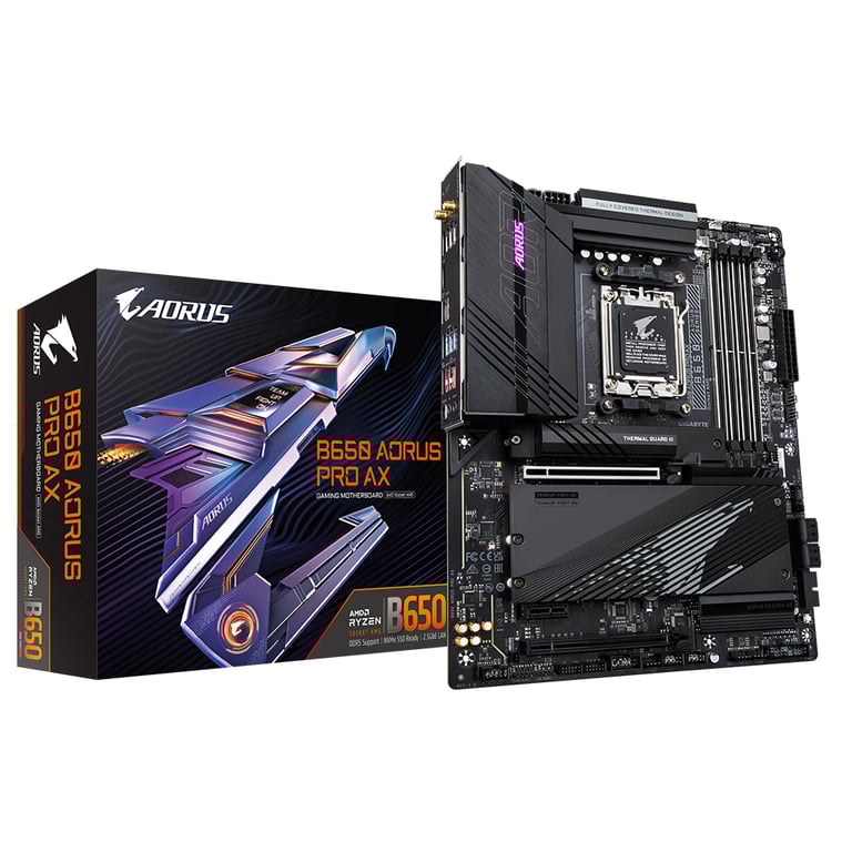 GIGABYTE B650 AORUS PRO AX Carte mère Compatible avec les processeurs AMD Ryzen 9000 VRM numérique 16+2+1 phases jusqu'à 8000 MHz DDR5 OC 1xPCIe 5.0 + 2xPCIe 4.0 .2 Wi Fi 6E LAN 2.5GbE USB 3.2 Gen 2x2 Neuf
