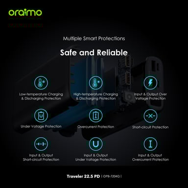 oraimo Traveler 22.5 PD – Power Bank 20 000mAh, carga rápida 22,5W, triple salida USB, linterna LED y SOS
