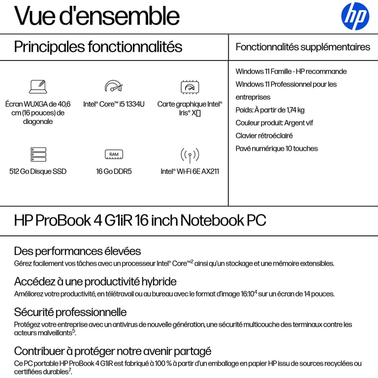 HP ProBook 4 G1iR Notebook 16 Core i5 I5 RAM SSD AZERTY - vue 2