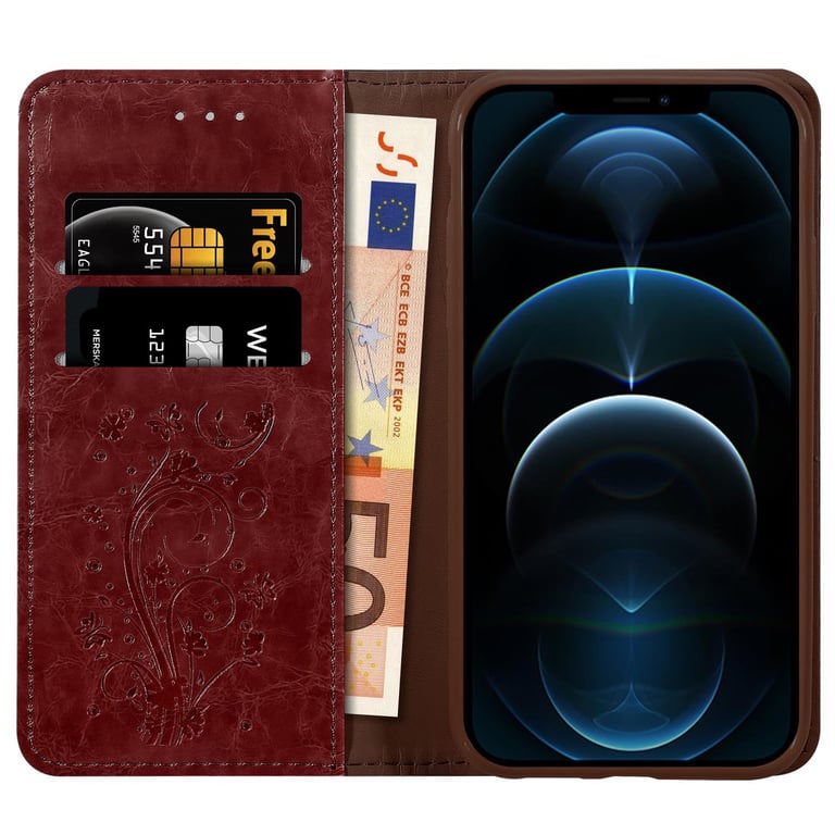 Coque pour Apple iPhone 12 PRO MAX en Rouge Foncé avec ornements Housse de protection Étui avec fermeture magnétique, fonction de support et compartiment pour carte