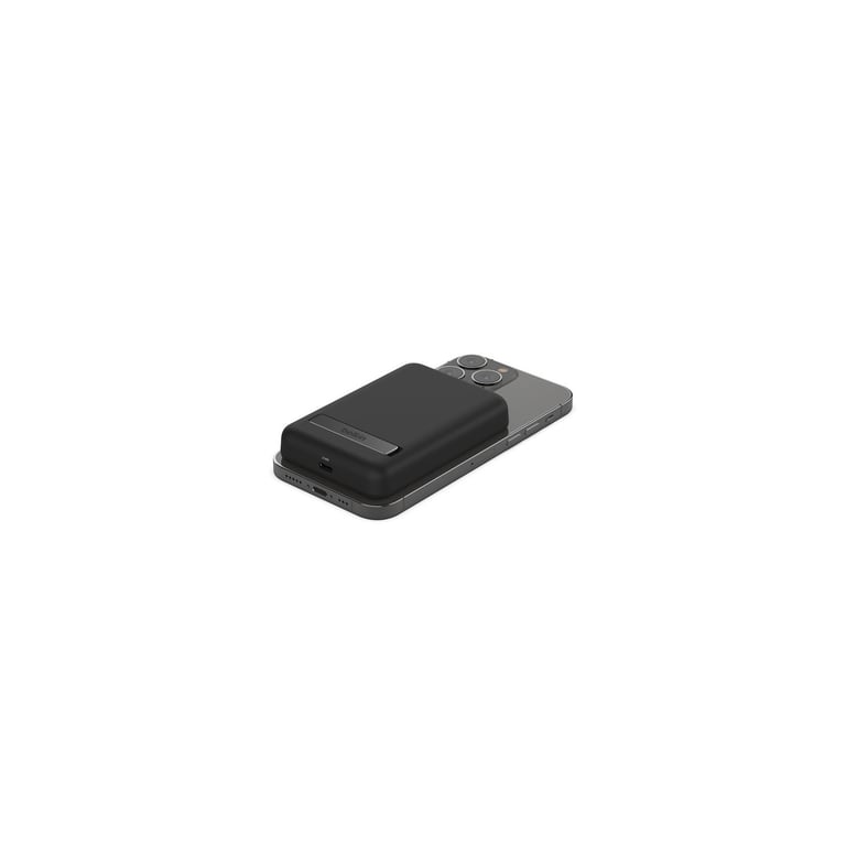 Belkin Batterie externe sans fil magnétique 5000mAh, Chargeur portable compatible MagSafe et charge Pass-Through, sortie 7,5W, entrée 10W et béquille, Compatible avec les iPhone 15, 14, 13, 12, Noir - Neuf