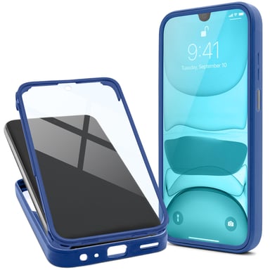 Moozy Coque 360 pour Samsung A32 5G - Coque transparente à bord bleu, protection intégrale double face, coque avec protecteur d'écran intégré