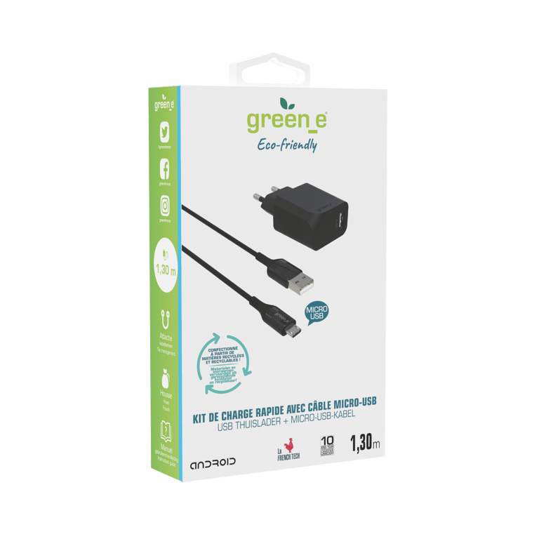 GREEN E - Kit de Charge Ecoconçu (Chargeur Micro-USB vers USB + Adaptateur Prise) Fast Charge