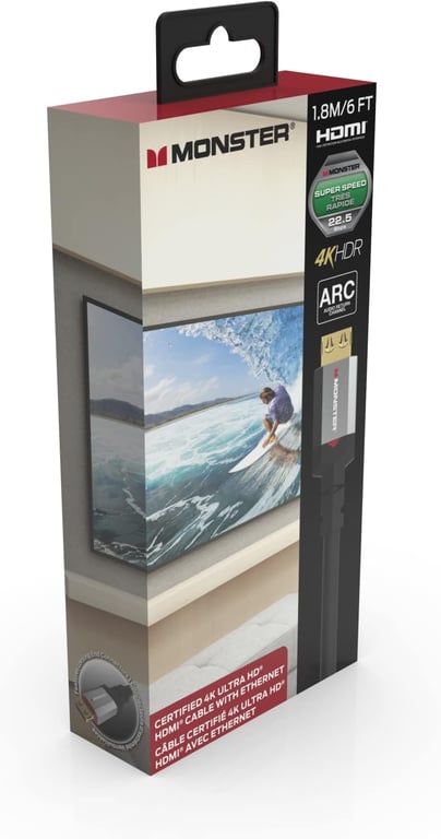 Câble HDMI Monster 1.8M - Résolution 4K - Vidéo HDR - Audio Return Channel - 22,5 GBPS - Vitesse Éclair - Triple Blindage - Homologué UL et CL3 - Neuf