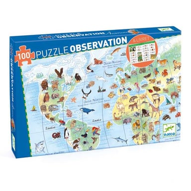 Puzzle d'observation Djeco Les animaux du monde 100 pièces avec poster et livret Multicolore - Neuf