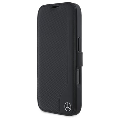 Étui Mercedes pour iPhone 16 6.1'' noir étui avec rabat Leather Wood Imitation