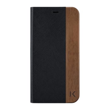 Coque clapet pour Apple iPhone XS Max, saffiano noir & bois de noyer naturel