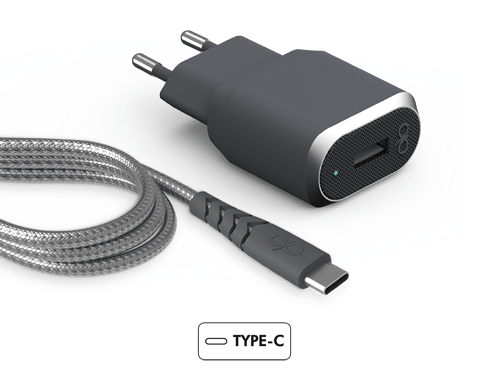 Chargeur maison 3A IC Smart + Câble renforcé USB A/USB C Garanti à vie Gris Force Power