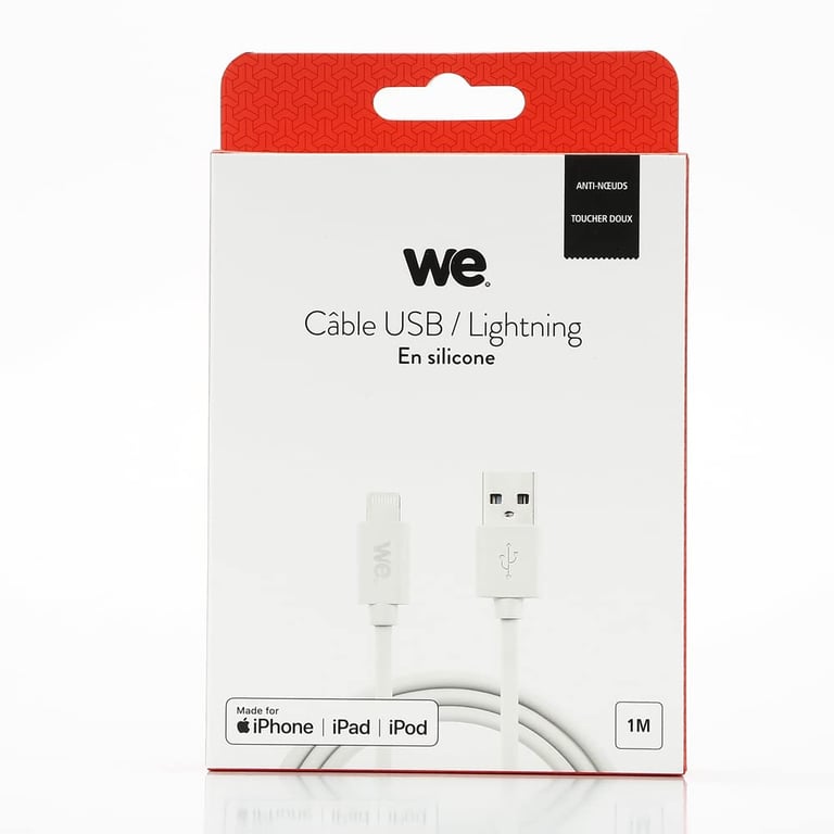 WE Câble USB vers Lightning en Silicone, 1 Mètre, Certifié MFi, Charge et Synchronisation des Données Blanc - vue 4