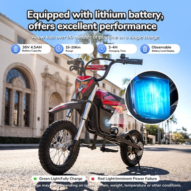 A12 Vélo tout-terrain électrique pour enfants Moteur 350 W, batterie 36 V 4,5 Ah, pneus pneumatiques 12'' Moto électrique cadeaux pour enfants