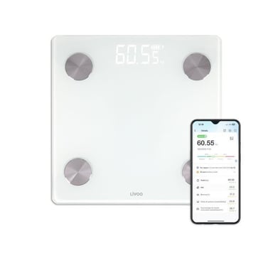 Pèse-personne impédancemètre connecté Livoo DOM528W 17 indicateurs Max 180 kg 8 profils LED Blanc