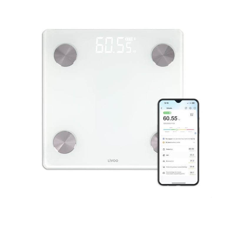 Pèse personne impédancemètre connecté LIVOO DOM528W 17 indicateurs Max 180 kg 8 profils LED - vue 2