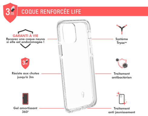 Coque renforcée iPhone 11 Pro LIFE 3m Transparente + Garantie à vie Force Case