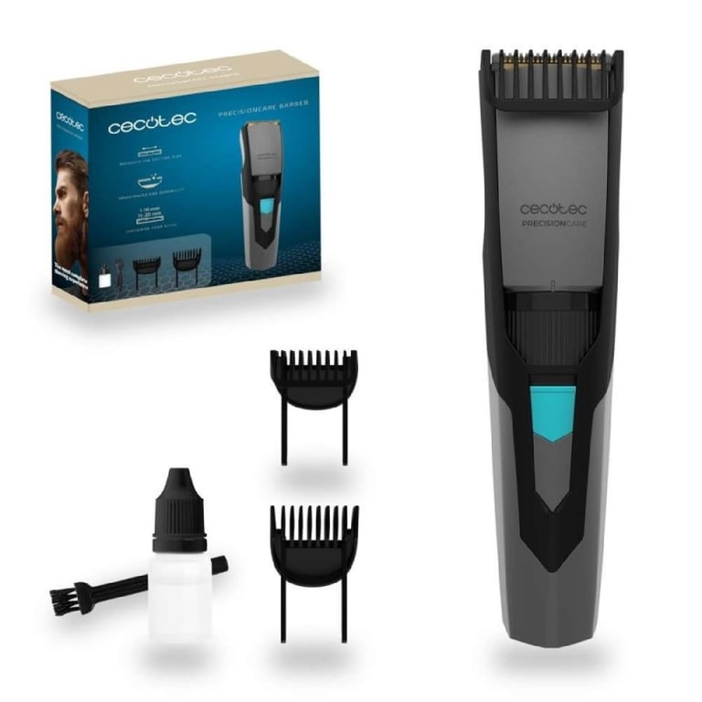 Cecotec Tondeuse à Barbe Sans Fil PrecisionCare Barber. Tondeuse à Batterie avec Lames en Acier Inoxydable Sabot de 1 à 10 mm et un autre de 11 à 20 mm Autonomie de 1 heure d'utilisation.