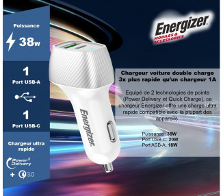 ENGZR CARICATORE PER AUTO 38W PD QC3 BIANCO/ARGENTO