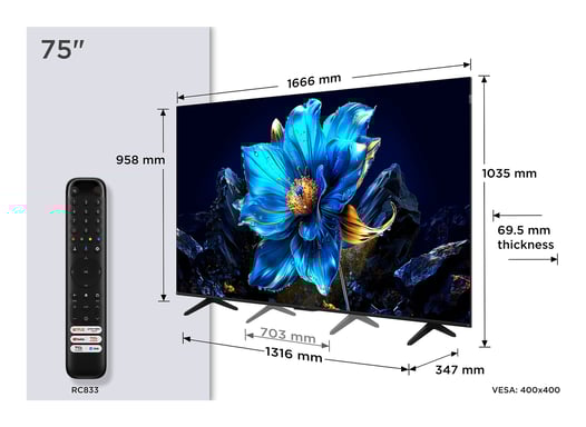 TCL P7K 75P7K TV 190,5 cm (75'') 4K Ultra HD Smart TV Wifi Métallique 450 cd/m²