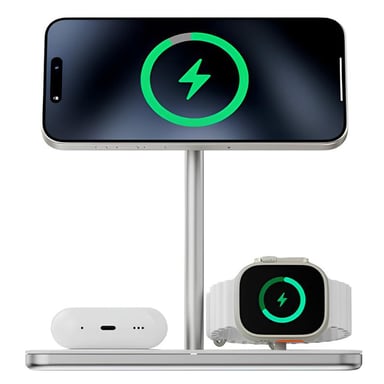 Support de Charge Sans Fil Qi2 3-en-1 15W Compact et Stable Blanc