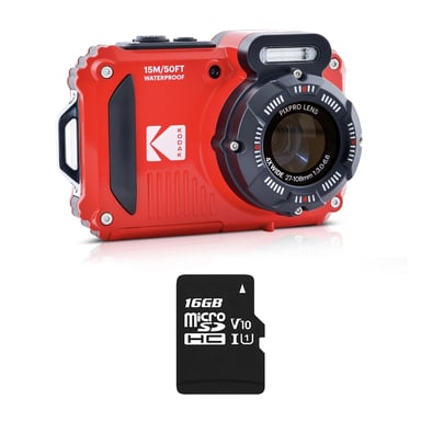 KODAK Pixpro Pack WPZ2 + 1 carte SD Kodak - Compact 16M Pixels, étanche à 15m,  Anti-Choc, Video 720p, Ecran LCD 2,7 - Batterie Li-ion - Rouge