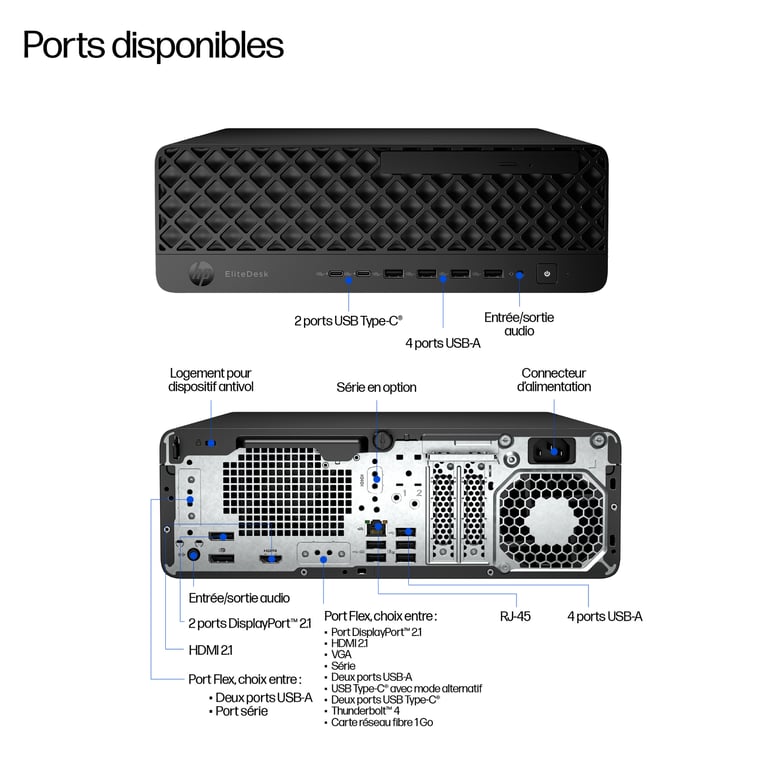 HP EliteDesk 8 G1i AI SFF Core Ultra 7 265 / jusqu'à 5.3 GHz RAM SSD NVMe TLC HDD RTX A400 IEEE 802.11ax Wi Fi 6E Gigabit Ethernet Bluetooth 5.3 Win 11 Pro ... - vue 3