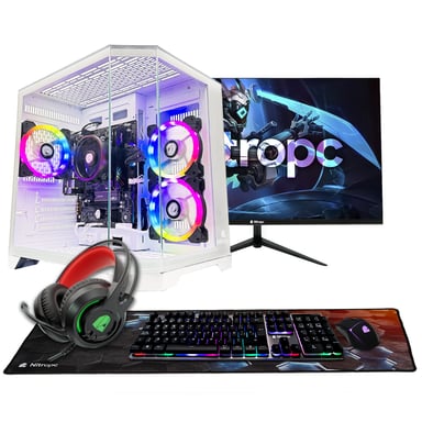 PC Gaming completo NitroPC Start eSports Core Pack FHD120-24 · 90–110 FPS · 1080p · Ryzen 5 5655G (APU) RAM 16GB, M.2 1TB, Windows 11, WiFi, Blanco - Monitor 24'' FullHD + accesorios