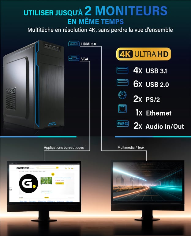 Greed Basic V2 Office PC / Ordinateur de bureau Intel Core i5 10400 Home Office Tour Computer avec 8 GO DDR4 RAM 4 3 GHz SSD DVD+RW USB 3.1 WiFi Windows 11 Pro Neuf - vue 2