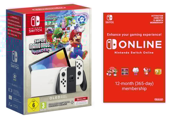 Nintendo Switch OLED (White) + Super Mario Bros. Wonder + Online Individual 12-Month console de jeux portables 17,8 cm (7'') 64 Go Écran tactile Wifi Blanc
