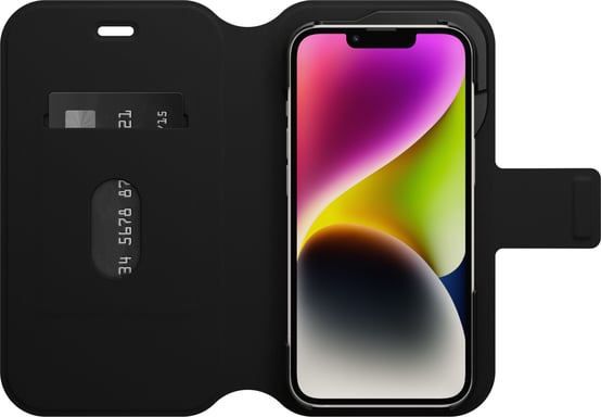 Funda Strada para iPhone 14 Plus, a prueba de golpes, anti-caídas, piel de calidad, 2 tarjeteros, resiste 3 veces más caídas que el estándar militar - Negro