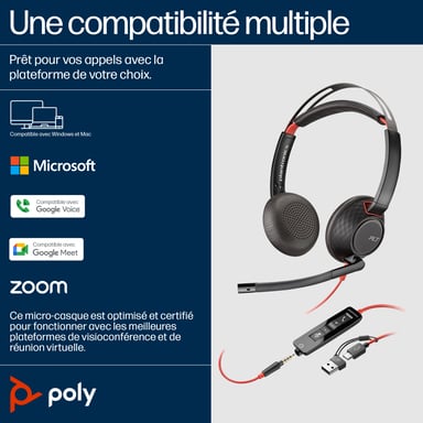 POLY Blackwire 5220 Cuffie stereo USB-C + connettore da 3,5 mm + adattatore USB-C/A (confezione)