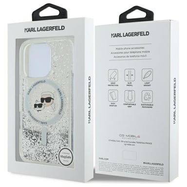 Étui Karl Lagerfeld pour iPhone 16 Pro 6.3'' étui rigide transparent Liquid Glitter Karl&Choupette Head Magsafe