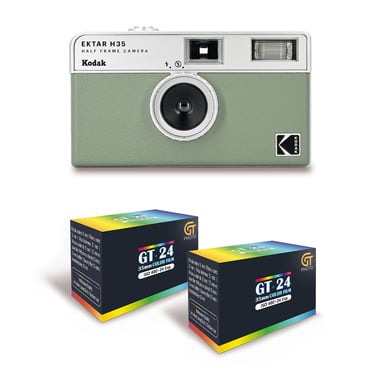 KODAK EKTAR H35 - Caméra Vidéo Demi-Format 35mm Réutilisable, Sans Mise au Point, Légère, Facile à Utiliser - Vert Sauge + 2 Pellicules 35mm Couleur  24 Expositions