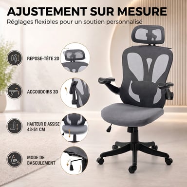 Roline Chaise de Bureau Ergonomique Grise Accoudoirs 3D Maille