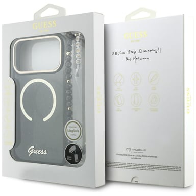 Custodia Guess IML Glitters Script Strap MagSafe per iPhone 17, nera