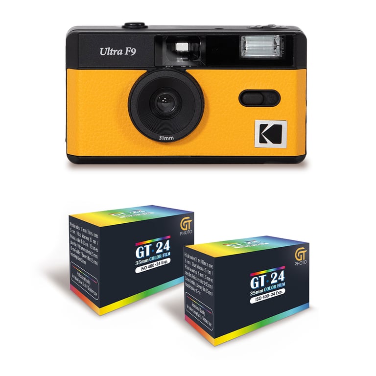 KODAK  ultra f9 - appareil photo argentique r&eacute;utilisable 35mm, objectif fixe 31mm f9, flash int&eacute;gr&eacute;, chargement facile, rembobinage manuel - jaune + 2 pellicules couleur 24