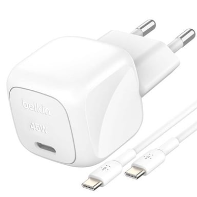 Chargeur Secteur USB-C 45W Compatible Power Delivery avec Câble USB-C 1m Blanc