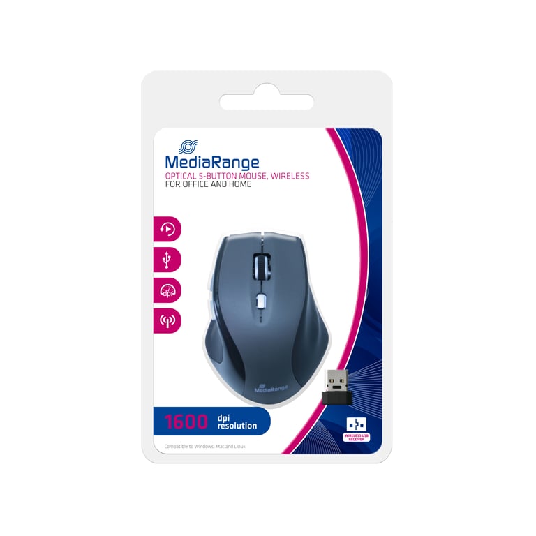 Souris MediaRange MROS203 – Optique 1600 DPI, Droitier, Sans Fil, 5 Boutons